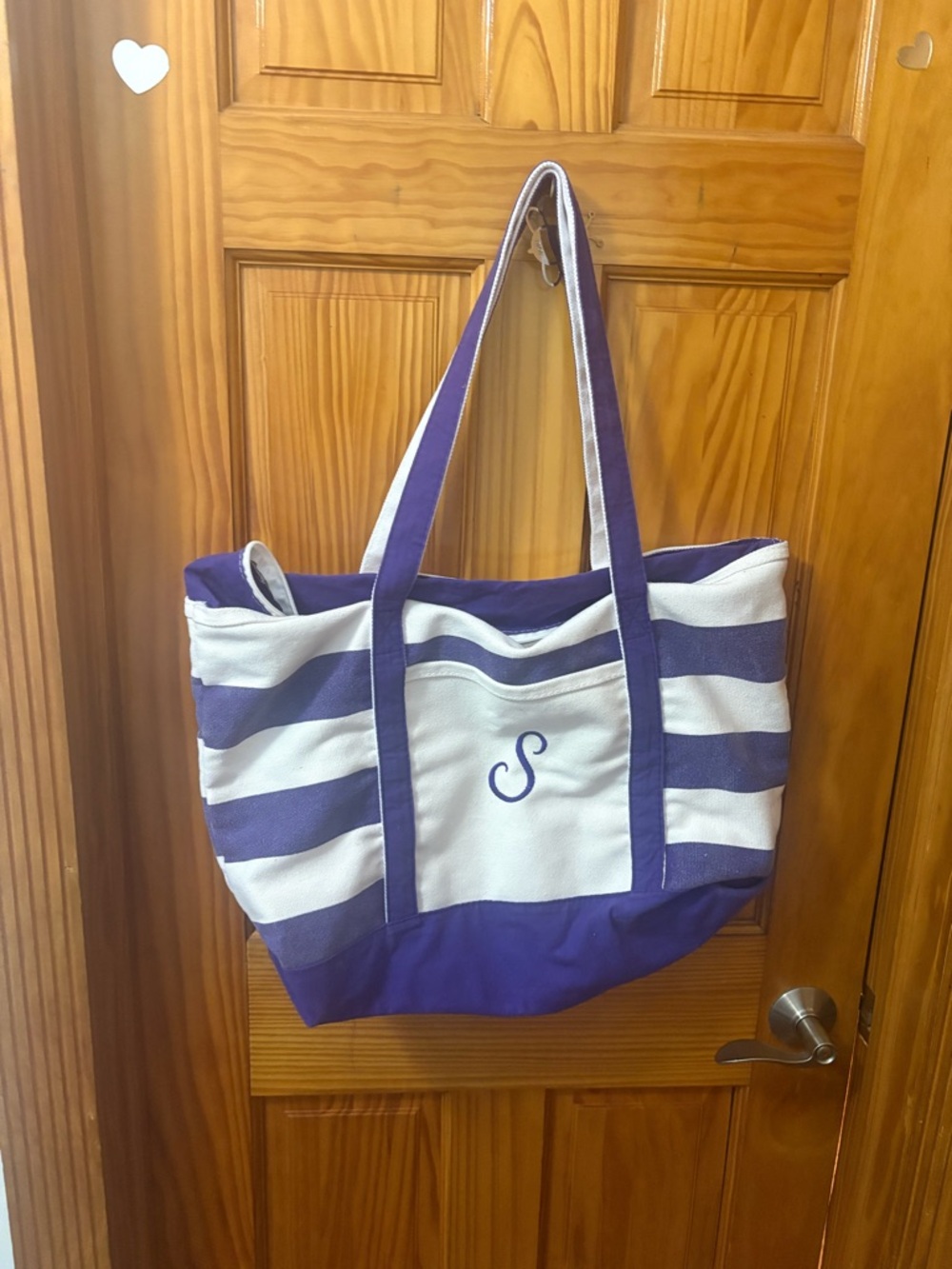 Striped Purple & White Canvas Tote Bag spacious  with Monogram with Letter S